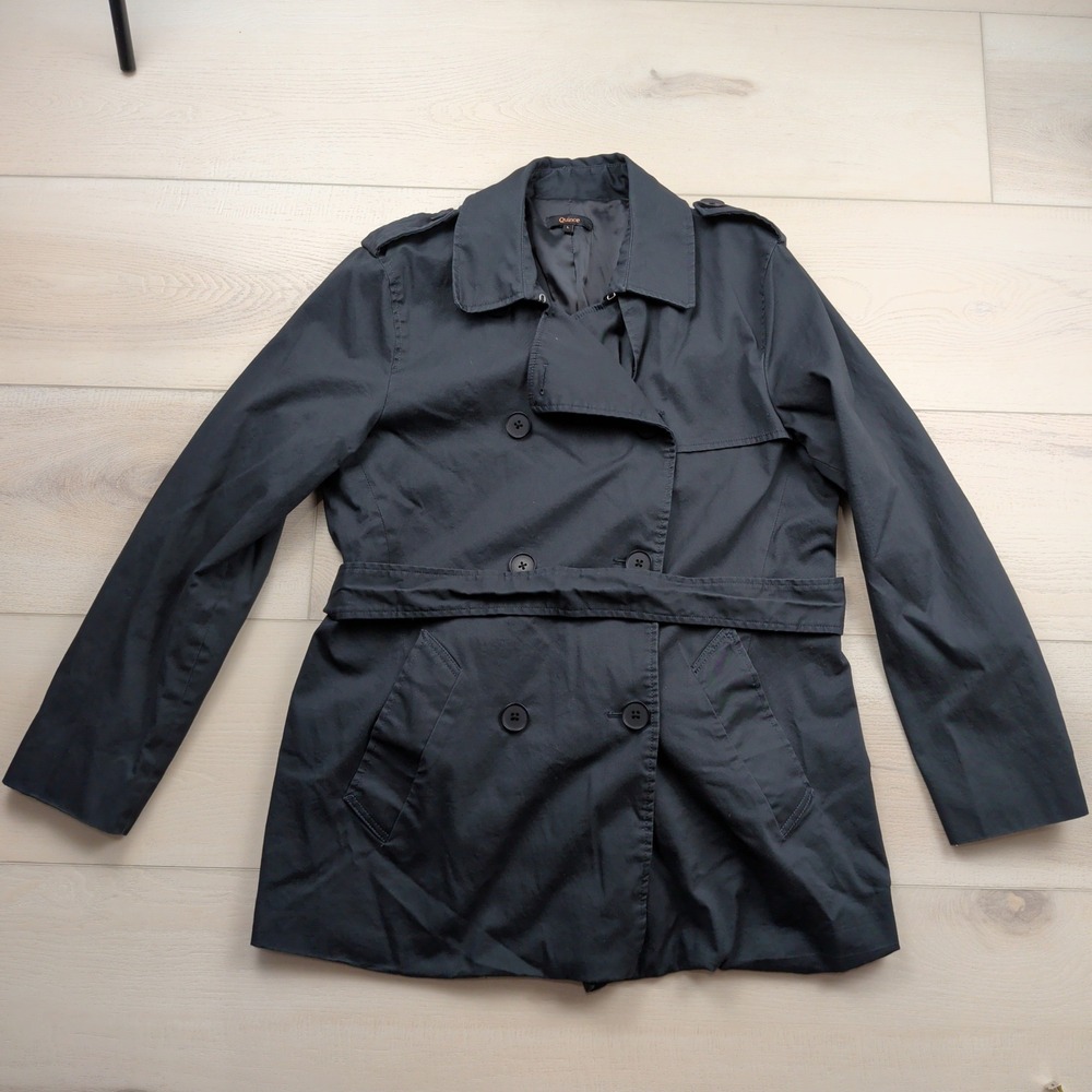 Quince Comfort Stretch Short Trench Coat Womens L Midnight Black Organic Cotton